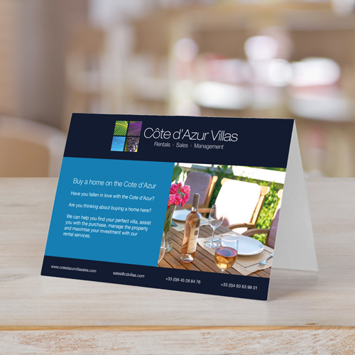 Design, Print and Deliver A6 tent cards to the Cote d'Azur in the South of France